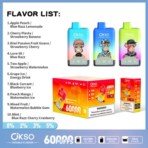 OKSO 60000 Puffs 60K Dual Flavors 2 in 1 Disposable Vape LED Screen E Cigarette Double Tank