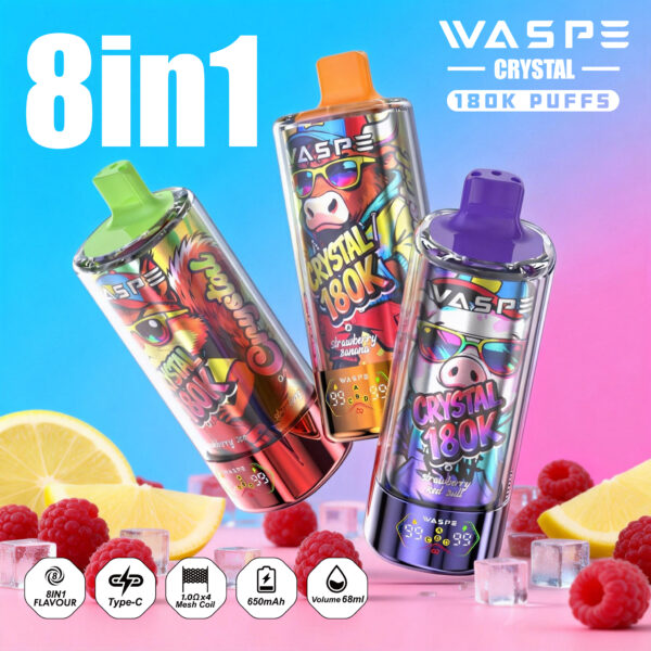 Waspe Crystal 180k puffs vape 8-in-1 Flavor disposable Vape