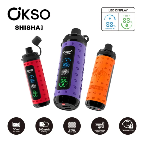 OKSO Shisha Max 40,000 40K Puffs Adjust Vape Hookah Pen | LED Display Screen & 0-5% Nic Salt & Child Lock